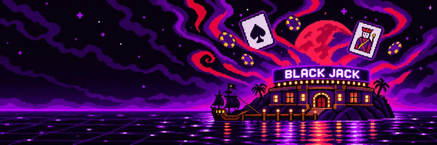 A pirate ship at the dock of the BLACK JACK casino, on a purple sea under a red moon, with cards and chips in the sky